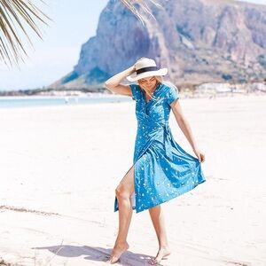 Kosan Travel Co. Atlantic Blue Floral Wrap Dress Sz. L